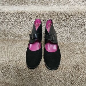 Black Suede And Leather Buckled Pumps.